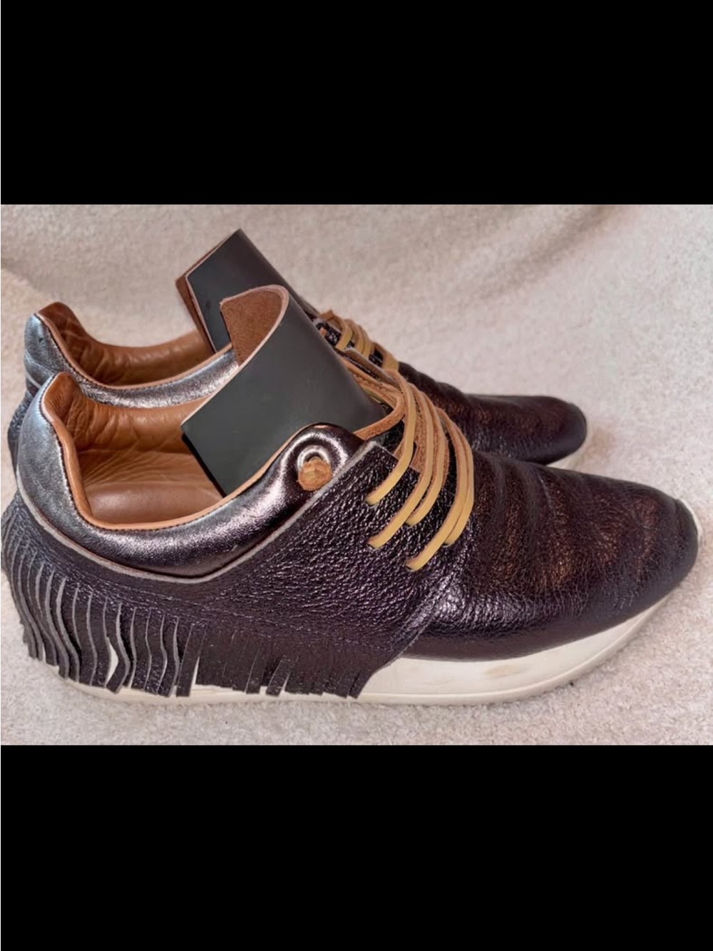 Women’s Esseutesse Leather Fringe Sneakers Italian Designer Color Lead/Bronze